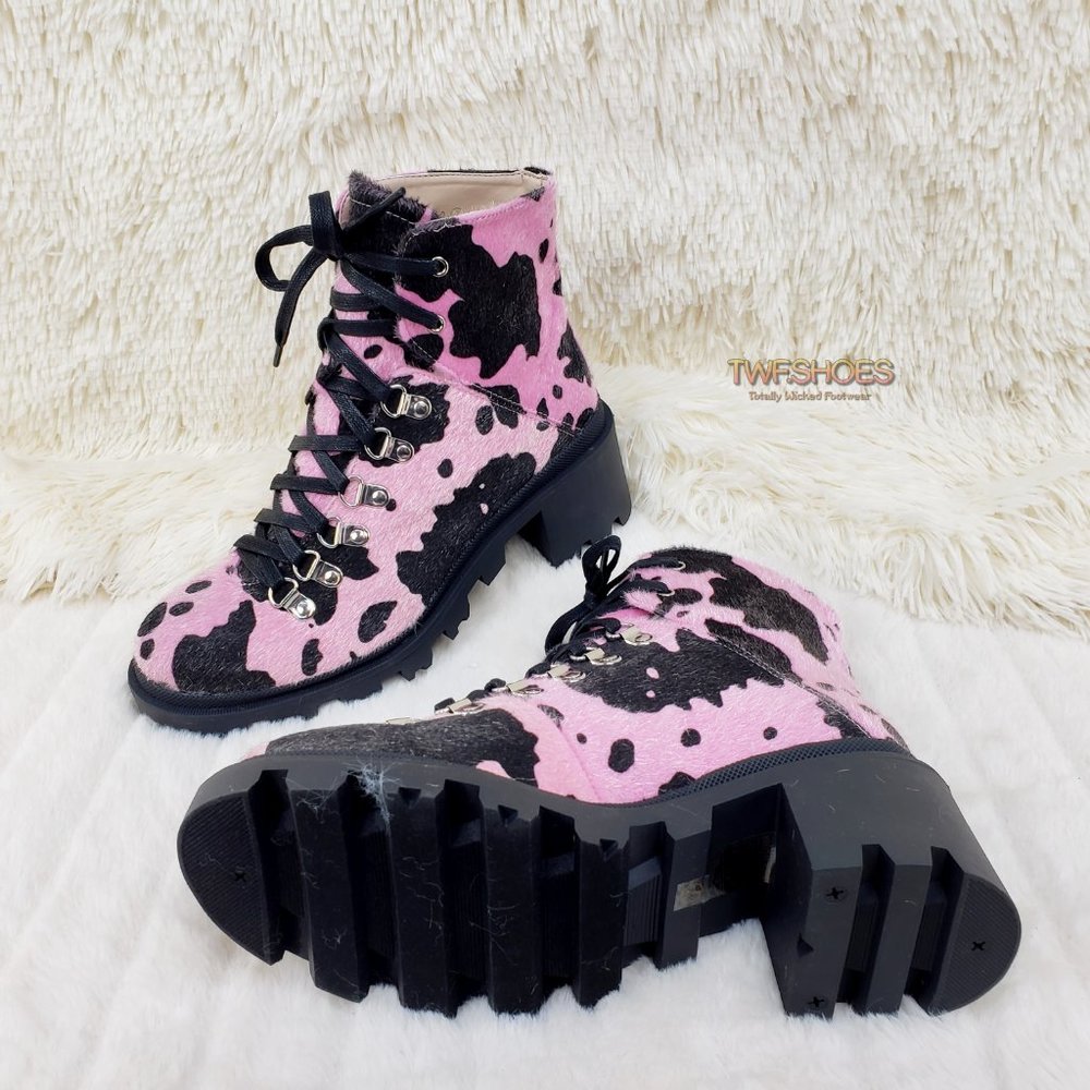 Baby Pink Faux Fur Cow Print Lug Sole Emo Ankle boots - Picture 10 of 14